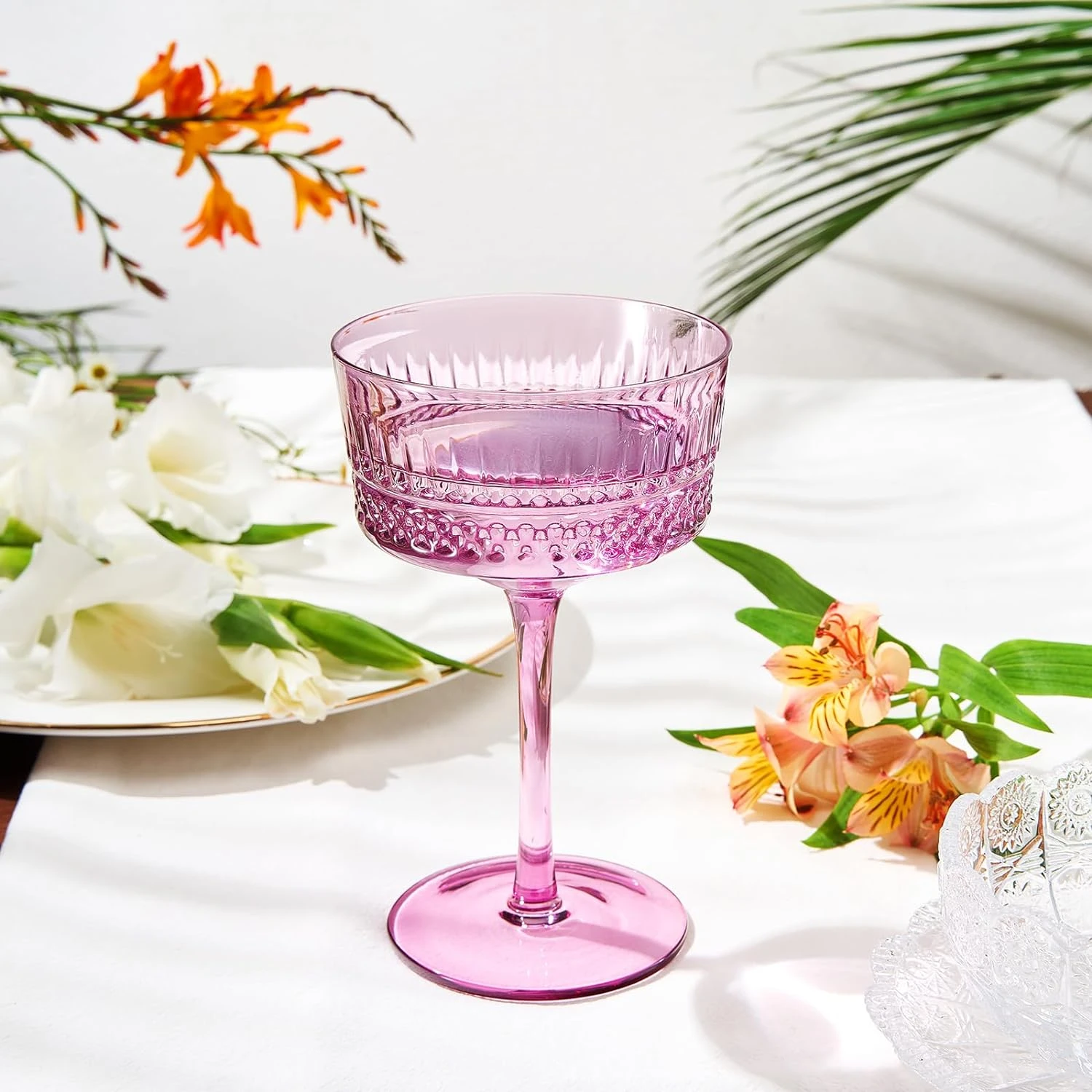 Art Deco Colored Crystal Coupe Glass | Set Of 6 | Large 9.6oz Stemmed Glassware 6 Art Deco Colored Crystal Coupe Glass | Set Of 6 | Large 9.6oz Stemmed Glassware - Image 6