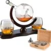 Etched World Decanter Whiskey Globe - Antique Airplane The Wine Savant 850ml, Whiskey Stones And 2 World Map 10 Oz Glasses, Pilot Gift Clear