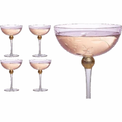 Colored Coupe Art Deco Glasses, Gold | Set Of 4 | 8 Oz Classic Cocktail Glassware For Champagne, Martini, Manhattan, Sidecar, Crystal Speakeasy Style Goblets Stems (Pink)
