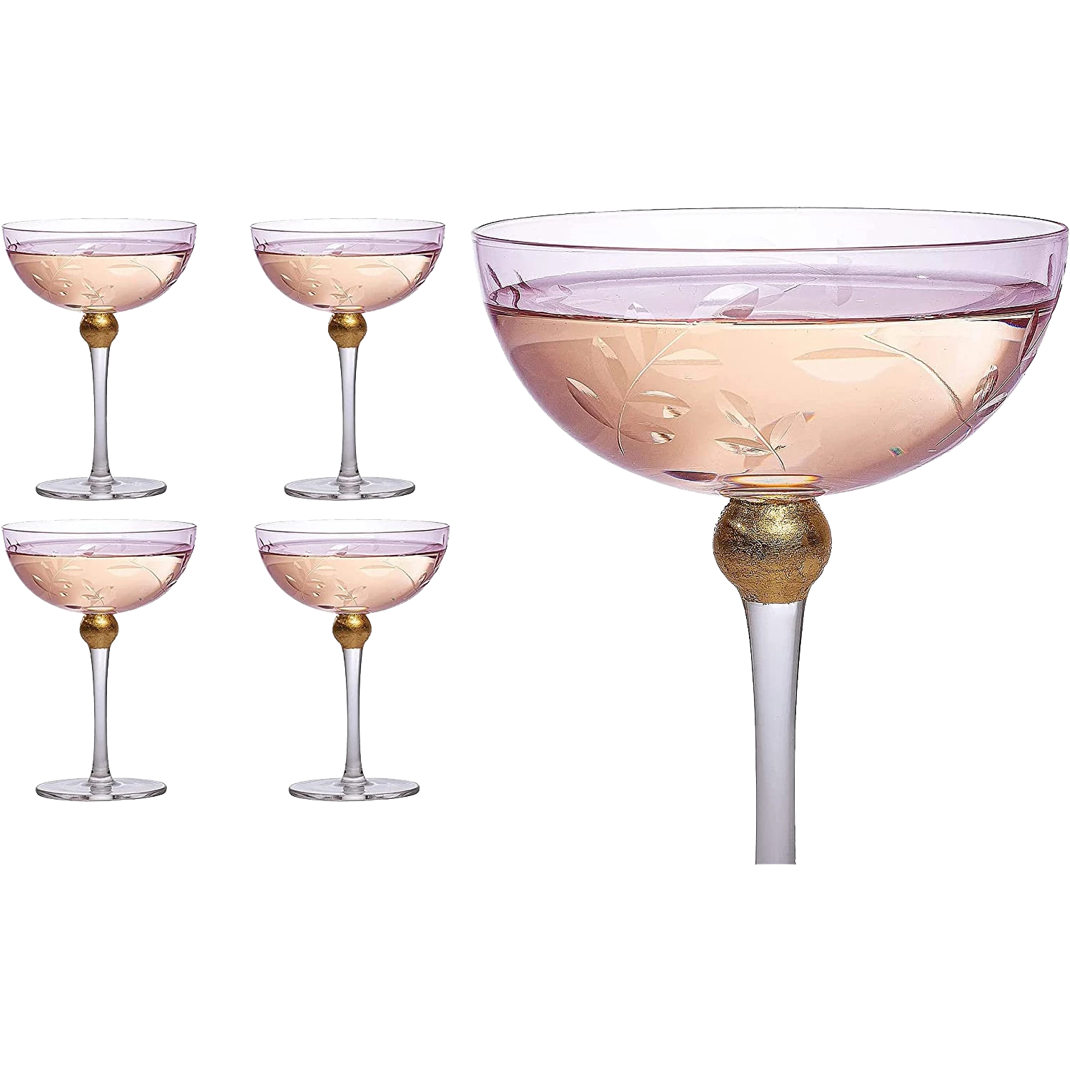 Colored Coupe Art Deco Glasses, Gold | Set Of 4 | 8 Oz Classic Cocktail Glassware For Champagne, Martini, Manhattan, Sidecar, Crystal Speakeasy Style Goblets Stems (Pink) 1 Colored Coupe Art Deco Glasses, Gold | Set Of 4 | 8 Oz Classic Cocktail Glassware For Champagne, Martini, Manhattan, Sidecar, Crystal Speakeasy Style Goblets Stems (Pink)