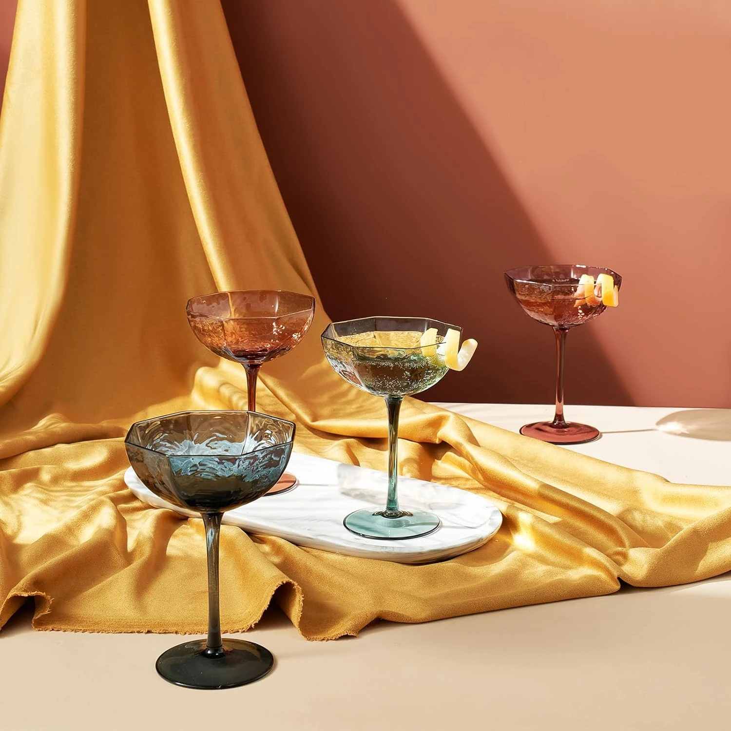 Khen Cocktail, Martini & Champagne Luxury Angled Coupe Glasses 6 Oz | Set Of 4 | Muted Colored 4 Khen Cocktail, Martini & Champagne Luxury Angled Coupe Glasses 6 Oz | Set Of 4 | Muted Colored - Image 4