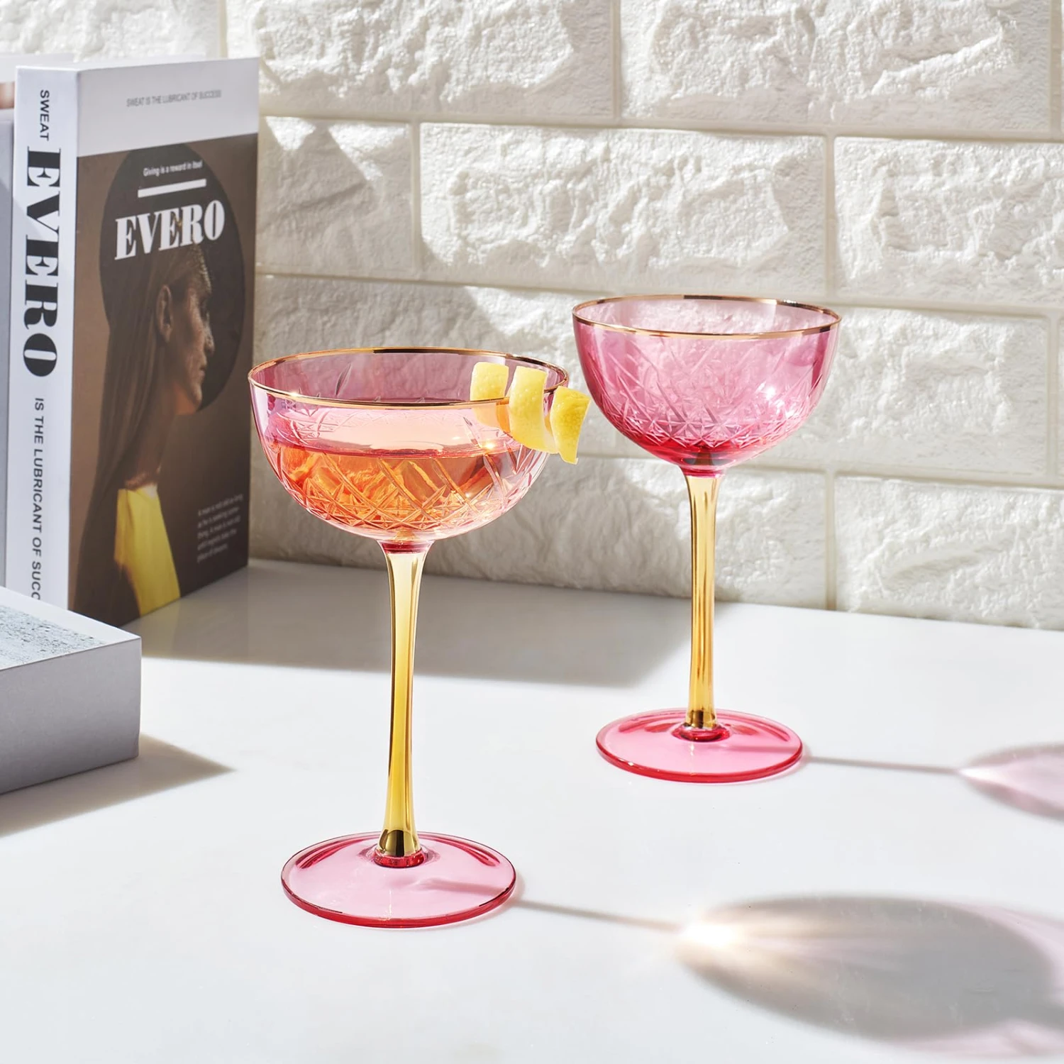 Vintage Art Deco Coupe For Champagne, Martini, Cocktails| Set Of 2 | 7 Oz Classic Cocktail Glassware - Manhattan, Cosmopolitan, Sidecar, Crystal Speakeasy Style Saucer Goblets With Stems (Pink) 3 Vintage Art Deco Coupe For Champagne, Martini, Cocktails| Set Of 2 | 7 Oz Classic Cocktail Glassware - Manhattan, Cosmopolitan, Sidecar, Crystal Speakeasy Style Saucer Goblets With Stems (Pink) - Image 3