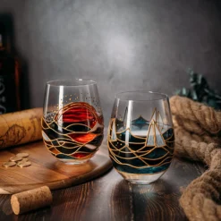 Artisanal Hand Painted Sunrise Glasses, Stemless Set Of 2 Wine, Water & Whiskey Glasses - The Wine Savant - Crystal Tumblers - Gift Idea For Her, Him, Birthday, Housewarming - Large Goblets (18.5 OZ) -Refined Spirits Store 71SNGmLK45L. AC SL1500