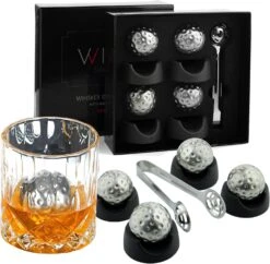 Golf Ball Shaped Stainless Steel Whiskey Stones, Whiskey Rocks, By The Wine Savant Great For Parties Or For Bar Use, 4 Stones Rocks Cubes For Whiskey, Bourbon Vodka, Scotch, Metal Chillers Golf Gift