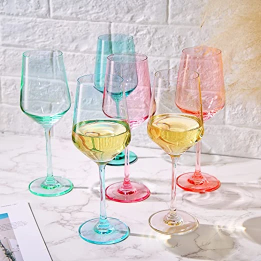 Colored Crystal Wine Glass Set Of 6, Gift For Mothers Day, Her, Wife, Mom Friend - Large 12 Oz Glasses, Unique Italian Style Tall Drinkware - Red & White, Dinner, Beautiful Glassware - (Summer) 2 Colored Crystal Wine Glass Set Of 6, Gift For Mothers Day, Her, Wife, Mom Friend - Large 12 Oz Glasses, Unique Italian Style Tall Drinkware - Red & White, Dinner, Beautiful Glassware - (Summer) - Image 2