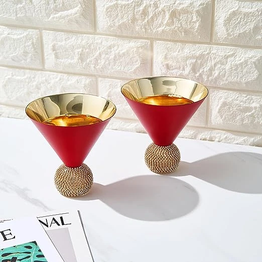 The Wine Savant Diamond Studded Martini Glasses Set Of 2 Matte Red & Gold Modern Cocktail Glass, Rhinestone Diamonds With Stemless Crystal Ball Base, Bar Or Party 10.5oz, Swarovski Style Crystals 3 The Wine Savant Diamond Studded Martini Glasses Set Of 2 Matte Red & Gold Modern Cocktail Glass, Rhinestone Diamonds With Stemless Crystal Ball Base, Bar Or Party 10.5oz, Swarovski Style Crystals - Image 3