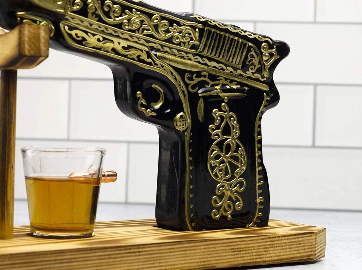(UAE ONLY) Glass Hand Painted Pistol Whiskey Gun Decanter & Pistol Shot Glasses Set, With 2 Bullet Shot Glasses 2 (UAE ONLY) Glass Hand Painted Pistol Whiskey Gun Decanter & Pistol Shot Glasses Set, With 2 Bullet Shot Glasses - Image 2