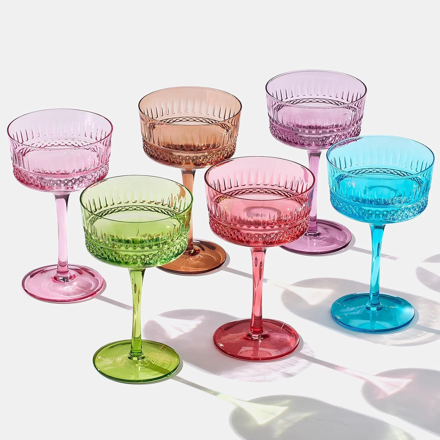 Art Deco Colored Crystal Coupe Glass | Set Of 6 | Large 9.6oz Stemmed Glassware 1 Art Deco Colored Crystal Coupe Glass | Set Of 6 | Large 9.6oz Stemmed Glassware