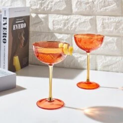 Vintage Art Deco Coupe For Champagne, Martini, Cocktails | Set Of 2 | 7 Oz Classic Cocktail Glassware - Manhattan, Cosmopolitan, Sidecar, Crystal Speakeasy Style Saucer Goblets With Stems (Orange Red)