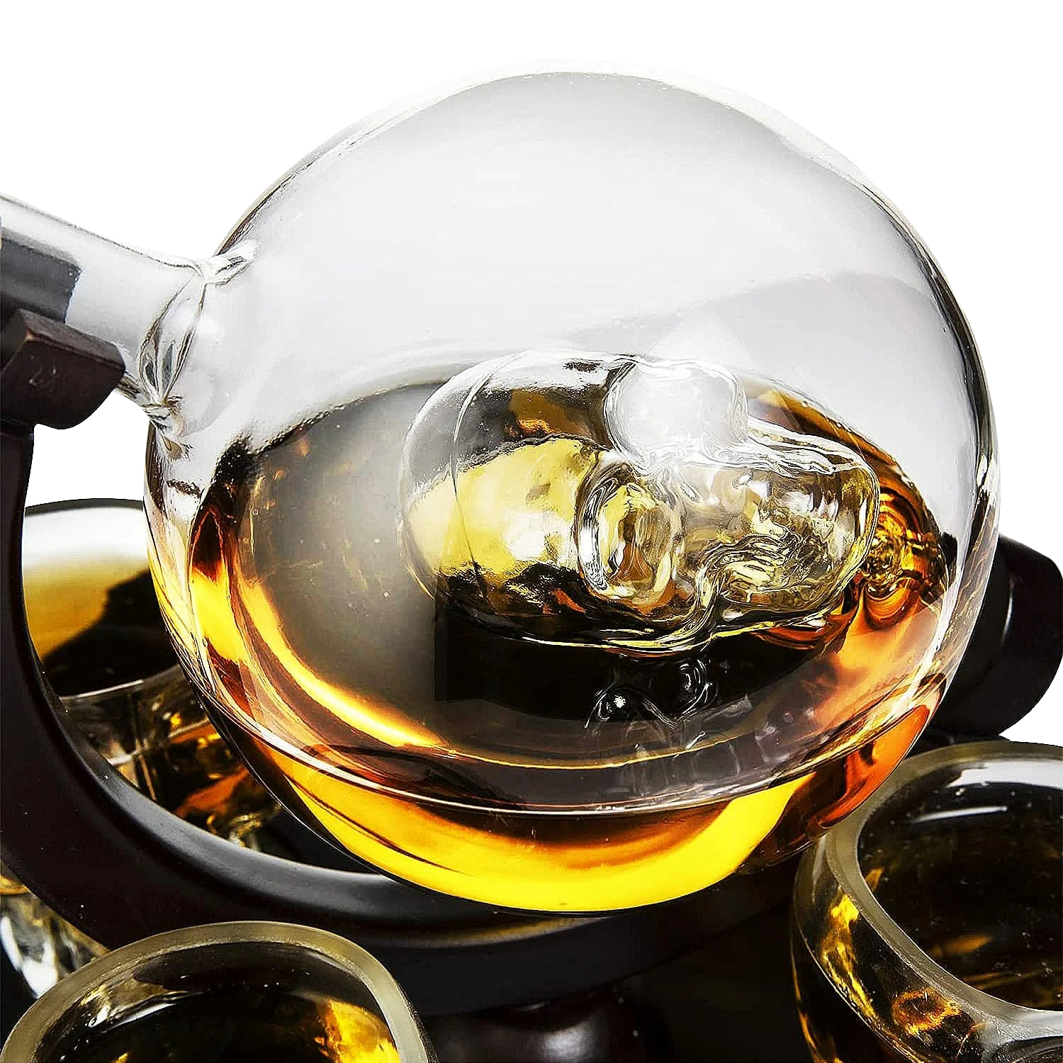 Skull Skeleton Wine & Whiskey Globe Decanter Set - 850 ML With 2 Skull Head 3oz Skeletons Shot Glasses + Mahogany Wooden Base Goth Spooky Drinking Glassware 2 Skull Skeleton Wine & Whiskey Globe Decanter Set - 850 ML With 2 Skull Head 3oz Skeletons Shot Glasses + Mahogany Wooden Base Goth Spooky Drinking Glassware - Image 2