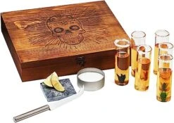 Tequila Shot Glass & Salt Gift Set For Men & Women | Six Agave Shot Glasses, Knife For Limes, One Skull Coaster, One Salt Tin | Skeleton Mahogany Wood Box Package For Tequila, Liquor Lovers -Refined Spirits Store 71m 3oL2Q L. AC SX522
