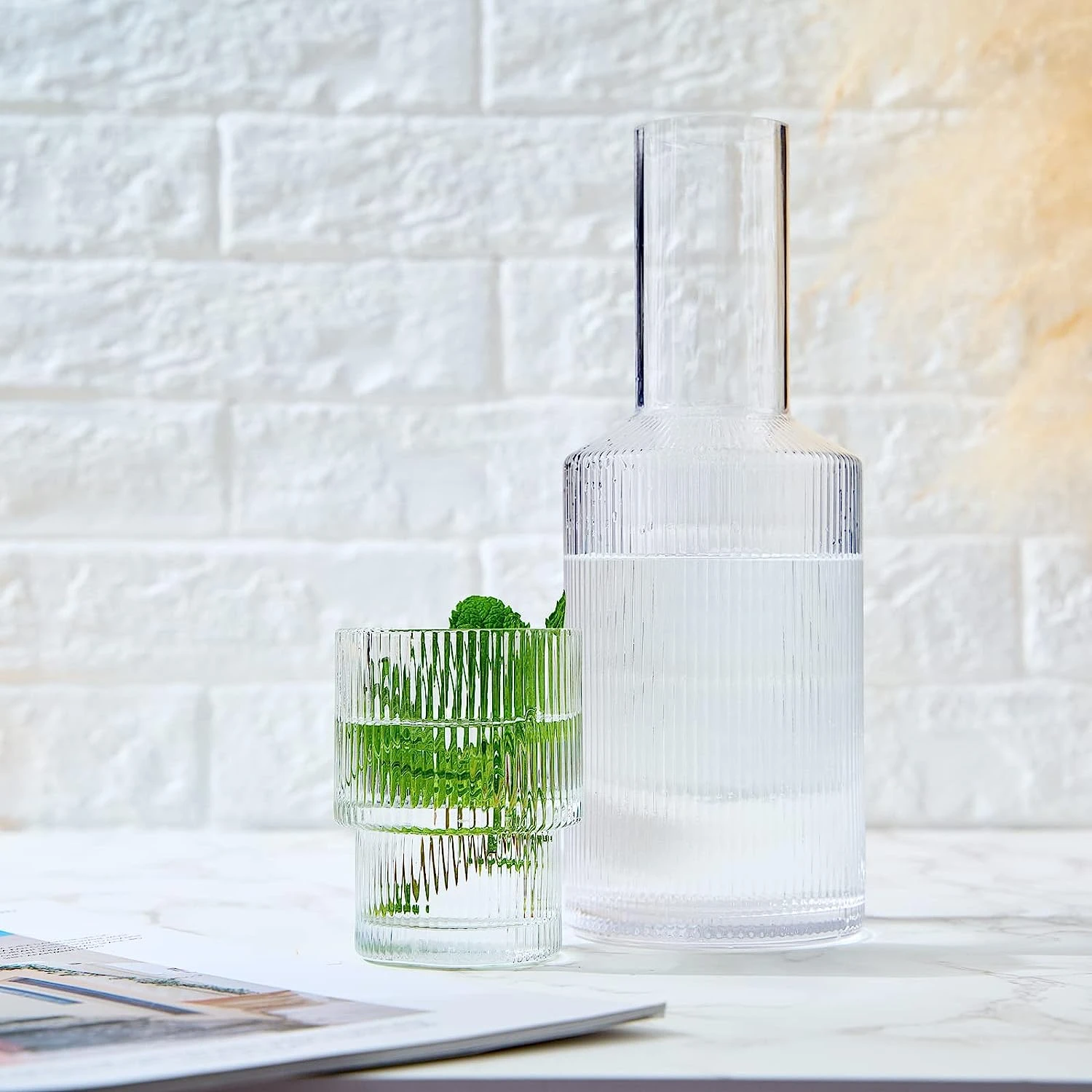 Bedside Water Carafe & Tumbler Set | 2-Piece Set | Crystal Elegant Ribbed Night Glass Pitcher - 900 ML - Bedroom Nightstand Serving Decanter Dispenser For Water, Juice, Tea Drinks, Pitcher & Cup Set 6 Bedside Water Carafe & Tumbler Set | 2-Piece Set | Crystal Elegant Ribbed Night Glass Pitcher - 900 ML - Bedroom Nightstand Serving Decanter Dispenser For Water, Juice, Tea Drinks, Pitcher & Cup Set - Image 6