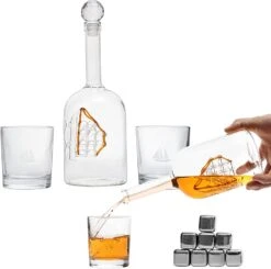 Large Display Whiskey & Wine Decanter With Antique Ship - Handcrafted Wood Barrel Storage - Wine Savant Decanters Gifts Set With 2 Glasses, & Drink Chiller Stones For Your Bar - 16" X 8" X 15" -Refined Spirits Store 71wBaYQc zL. AC SL1500