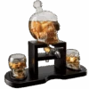 Skull Skeleton Wine & Whiskey Decanter Set 750 ML With 2 Skull 3oz Skeletons Shot Glasses + Mahogany Wooden Base & Pouring Spigot Decor Glass, Goth Spooky Drinking Glassware The Wine Savant