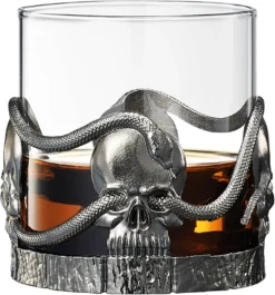 Skull & Snake Pewter Whiskey, Wine, Beer & Water Drinking Glass -12.5oz Set Of 2- Water, Rum, Brandy & Scotch Glass, Elegant, Spooky Crystal Cup, Gifts For Men & Women, Old Fashioned Glass