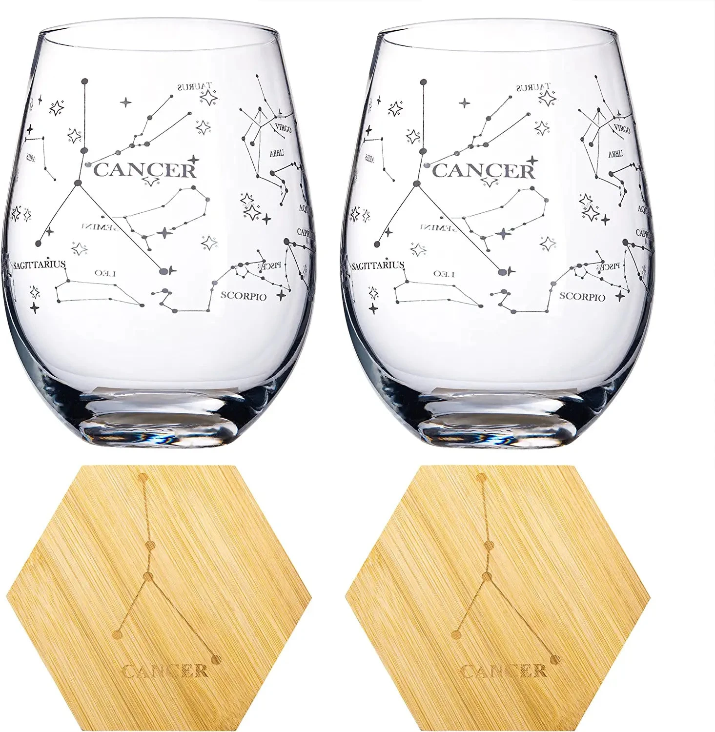 Set Of 2 Zodiac Sign Wine Glasses With 2 Wooden Coasters By The Wine Savant - Astrology Drinking Glass Set With Etched Constellation Tumblers For Juice, Water Home Bar Horoscope Gifts 18oz (Cancer) 5 Set Of 2 Zodiac Sign Wine Glasses With 2 Wooden Coasters By The Wine Savant - Astrology Drinking Glass Set With Etched Constellation Tumblers For Juice, Water Home Bar Horoscope Gifts 18oz (Cancer) - Image 5