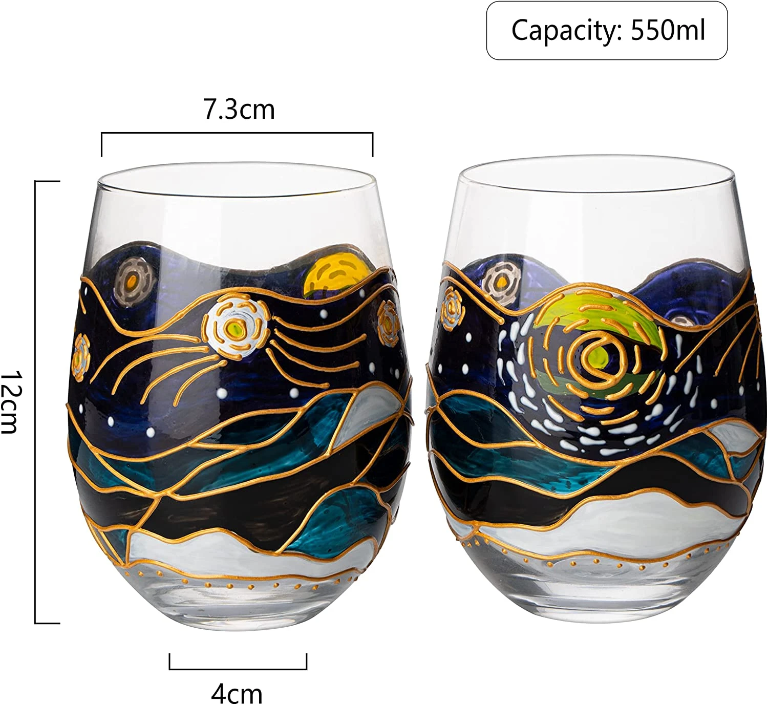 Vincent Van Gogh Wine Glasses Artisanal Hand Painted Stemless Set Of 2 - The Wine Savant - 2 Set Of Tumblers - Artistic Gift Idea For Her, Him, Birthday, Housewarming - Extra Large Goblets (18.5 OZ) 5 Vincent Van Gogh Wine Glasses Artisanal Hand Painted Stemless Set Of 2 - The Wine Savant - 2 Set Of Tumblers - Artistic Gift Idea For Her, Him, Birthday, Housewarming - Extra Large Goblets (18.5 OZ) - Image 5