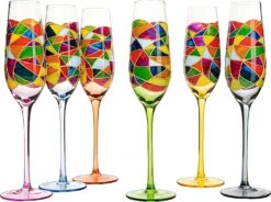 Stained Glass Champagne Flutes Set Of 6 Hand Painted - Wine Savant - Hand Blown 7 Ounce Colorful Renaissance Champagne Glasses - 10.2" Tall, 2.7" Diameter Rainbow Multicolor Design Glassware -Refined Spirits Store 817M1reDhlL. AC SL1500