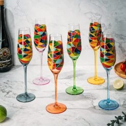 Stained Glass Champagne Flutes Set Of 6 Hand Painted - Wine Savant - Hand Blown 7 Ounce Colorful Renaissance Champagne Glasses - 10.2" Tall, 2.7" Diameter Rainbow Multicolor Design Glassware -Refined Spirits Store 818XqofFHuL. AC SL1500