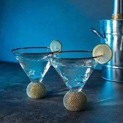 Diamond Studded Martini Glasses Set Of 2 - The Wine Savant - Gold Rimmed Modern Cocktail Glass, Rhinestone Diamonds With Stemless Crystal Ball Base, Bar Or Party 10.5oz, Swarovski Style Crystals -Refined Spirits Store 81A2xOoyRjL. AC SX569