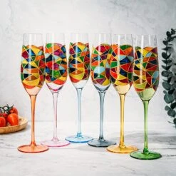 Stained Glass Champagne Flutes Set Of 6 Hand Painted - Wine Savant - Hand Blown 7 Ounce Colorful Renaissance Champagne Glasses - 10.2" Tall, 2.7" Diameter Rainbow Multicolor Design Glassware -Refined Spirits Store 81FHzwfZi1L. AC SL1500