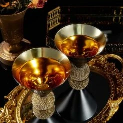 The Wine Savant Diamond Studded Martini Glasses Set Of 2 Black & Gold Rimmed Modern Cocktail Glass, Rhinestone With Stemless Crystal Ball Base, Bar Or Party 10.5oz, Swarovski Style Crystals -Refined Spirits Store 81IUlYSSFKL. AC SX522