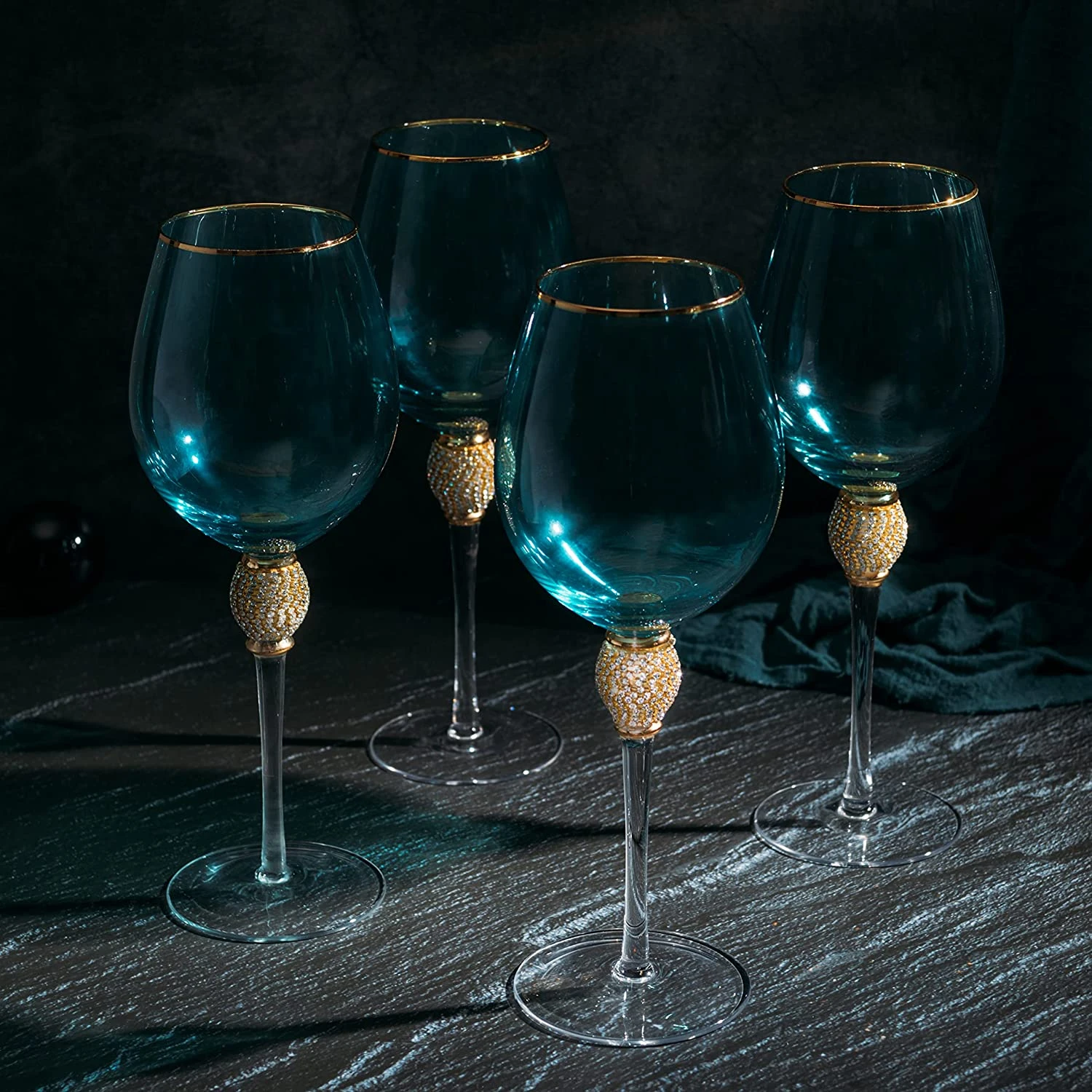 The Wine Savant Large Diamond Wine Glasses, 10" H Gold Rim Rhinestone Diamond Glasses - Wedding Glasses - 18 Ounce, Premium Designed Wine Glasses For Spirits And Wine, Gift Boxed (4, Blue) 2 The Wine Savant Large Diamond Wine Glasses, 10" H Gold Rim Rhinestone Diamond Glasses - Wedding Glasses - 18 Ounce, Premium Designed Wine Glasses For Spirits And Wine, Gift Boxed (4, Blue) - Image 2