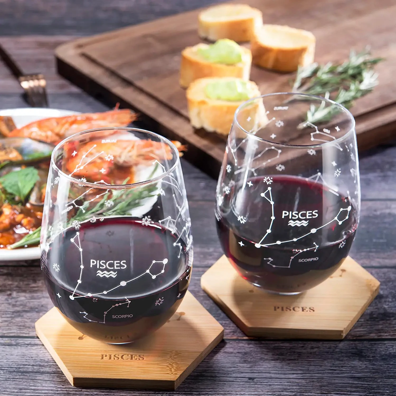 Set Of 2 Zodiac Sign Wine Glasses With 2 Wooden Coasters By The Wine Savant - Astrology Drinking Glass Set With Etched Constellation Tumblers For Juice, Water Home Bar Horoscope Gifts 18oz (Pisces) 2 Set Of 2 Zodiac Sign Wine Glasses With 2 Wooden Coasters By The Wine Savant - Astrology Drinking Glass Set With Etched Constellation Tumblers For Juice, Water Home Bar Horoscope Gifts 18oz (Pisces) - Image 2