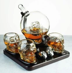 Skull Skeleton Wine & Whiskey Globe Decanter Set 850 ML With 4 Skull Head 3oz Skeletons Shot Glasses And Skull Chillers Wooden Base Decor Glass Goth Spooky Drinking Glassware The Wine Savant -Refined Spirits Store 81LhUCK8lAL. AC SL1500