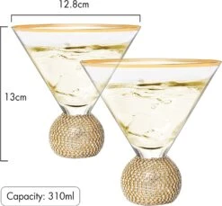 Diamond Studded Martini Glasses Set Of 2 - The Wine Savant - Gold Rimmed Modern Cocktail Glass, Rhinestone Diamonds With Stemless Crystal Ball Base, Bar Or Party 10.5oz, Swarovski Style Crystals -Refined Spirits Store 81LrIA jeRL. AC SL1500