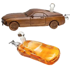 Car Wine & Whiskey Decanter Set 500ml By The Wine Savant 13" L - Wooden Car Figurine, Fastback Car Gifts, Bar Gifts, Parties, Birthdays