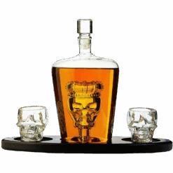 Skull King Skeleton Wine & Whiskey Globe Decanter Set 750 ML With 2 Skull Head 3oz Skeletons Shot Glasses + Mahogany Wooden Base Decor Glass, Goth Spooky Drinking Glassware The Wine Savant