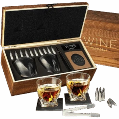 Luxurious Bar Gift Set - 2 Whiskey Glasses + 10 Bullets Chilling Stainless-Steel Whiskey Rocks - Slate Stone Coasters & Tongs - Set In Premium Wood Box By The Wine Savant - Birthday Gift - 11 Oz Glass