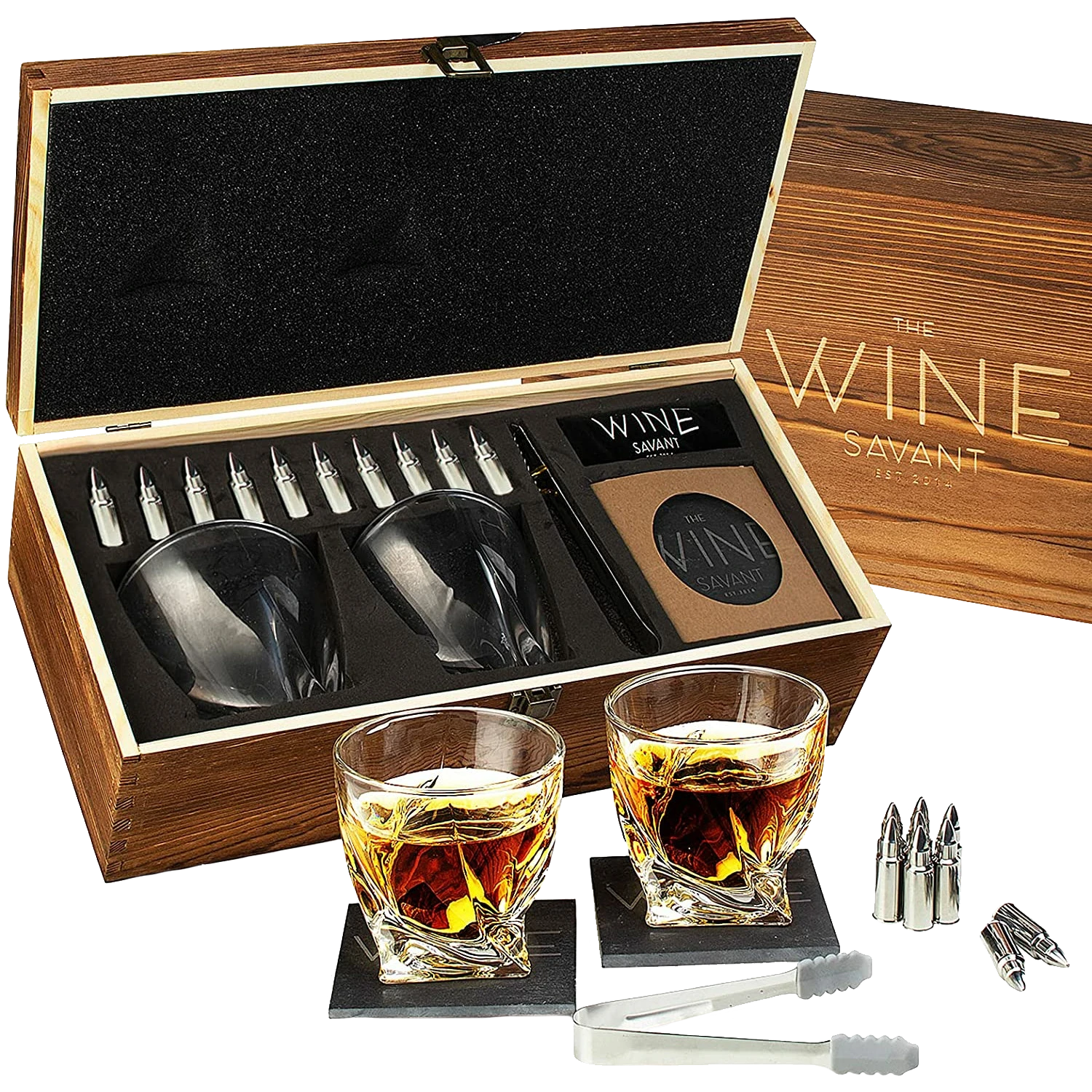 Luxurious Bar Gift Set - 2 Whiskey Glasses + 10 Bullets Chilling Stainless-Steel Whiskey Rocks - Slate Stone Coasters & Tongs - Set In Premium Wood Box By The Wine Savant - Birthday Gift - 11 Oz Glass 1 Luxurious Bar Gift Set - 2 Whiskey Glasses + 10 Bullets Chilling Stainless-Steel Whiskey Rocks - Slate Stone Coasters & Tongs - Set In Premium Wood Box By The Wine Savant - Birthday Gift - 11 Oz Glass