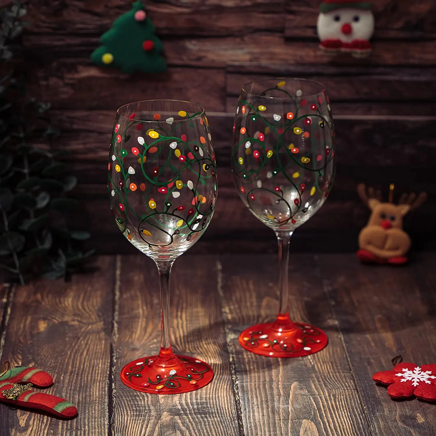 Stemmed Christmas Lights Wine Glasses Set Of 2 - Hand Painted Wine Glass Ornament Light Bulbs Glasses, Perfect For Wine, Champagne, Holiday Parties And Festivities - 9.5" High, 21 Oz Capacity 3 Stemmed Christmas Lights Wine Glasses Set Of 2 - Hand Painted Wine Glass Ornament Light Bulbs Glasses, Perfect For Wine, Champagne, Holiday Parties And Festivities - 9.5" High, 21 Oz Capacity - Image 3
