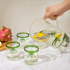 Palm Tree Pitcher & 4 Glasses Set Decanter With 4 Glasses 9oz By The Wine Savant - Elegant Glass Set, Great For Water Iced Tea, Sangria, Lemonade, And More! 1300ml 9" H -Refined Spirits Store 81UDWX CRWL. AC SL1500