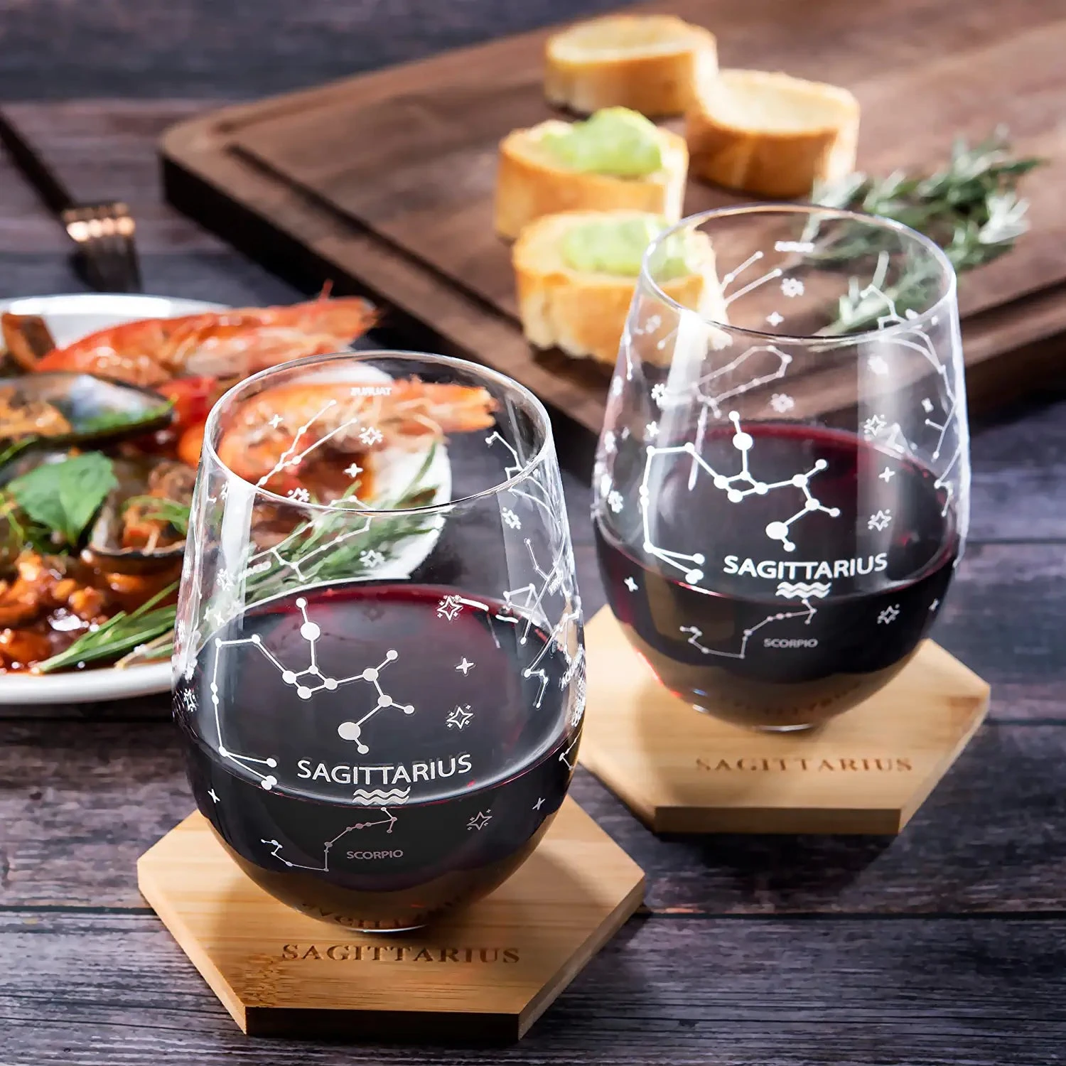 Set Of 2 Zodiac Sign Wine Glasses With 2 Wooden Coasters By The Wine Savant - Astrology Drinking Glass Set With Etched Constellation Tumblers For Juice, Home Bar Horoscope Gifts 18oz (Sagittarius) 2 Set Of 2 Zodiac Sign Wine Glasses With 2 Wooden Coasters By The Wine Savant - Astrology Drinking Glass Set With Etched Constellation Tumblers For Juice, Home Bar Horoscope Gifts 18oz (Sagittarius) - Image 2