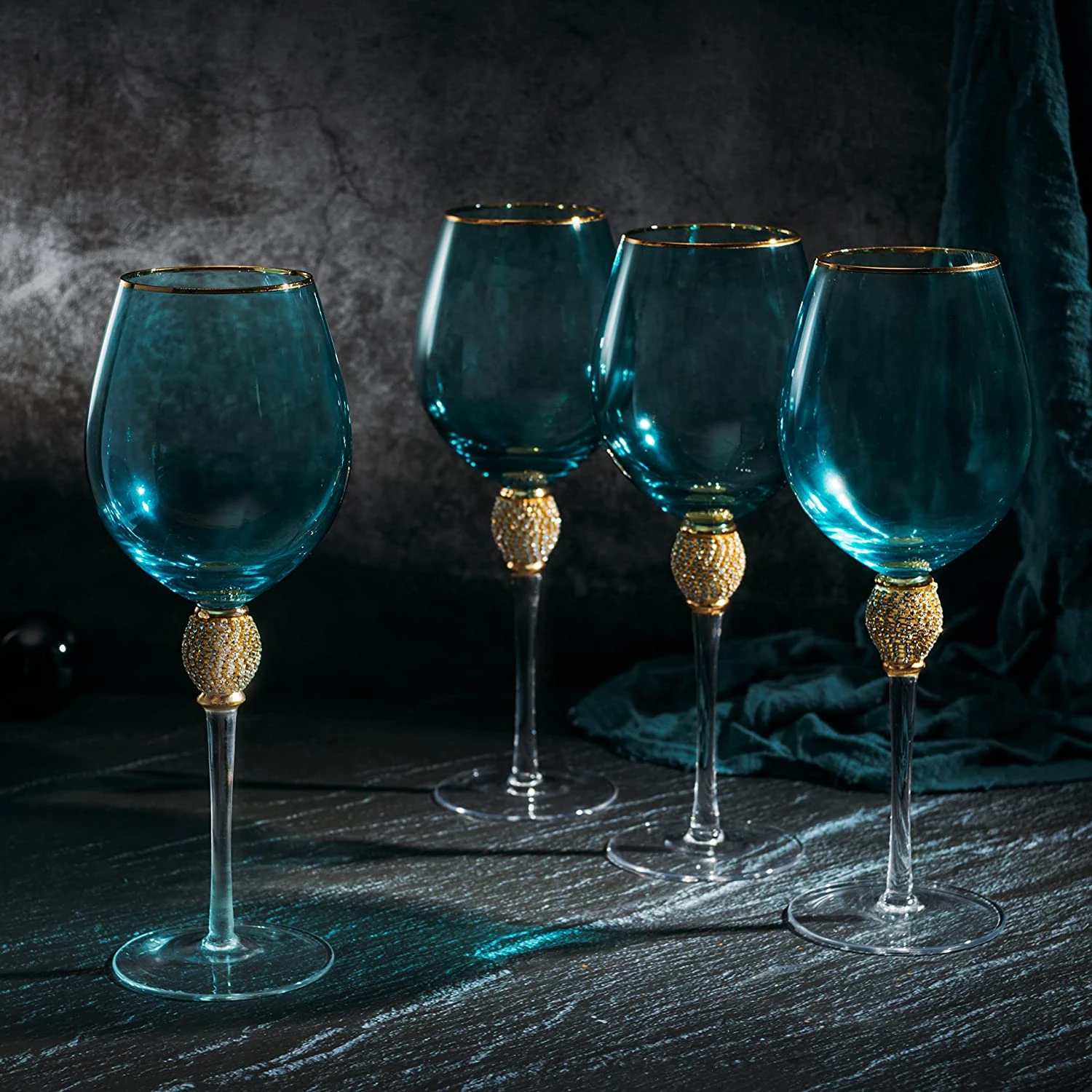 The Wine Savant Large Diamond Wine Glasses, 10" H Gold Rim Rhinestone Diamond Glasses - Wedding Glasses - 18 Ounce, Premium Designed Wine Glasses For Spirits And Wine, Gift Boxed (4, Blue) 3 The Wine Savant Large Diamond Wine Glasses, 10" H Gold Rim Rhinestone Diamond Glasses - Wedding Glasses - 18 Ounce, Premium Designed Wine Glasses For Spirits And Wine, Gift Boxed (4, Blue) - Image 3