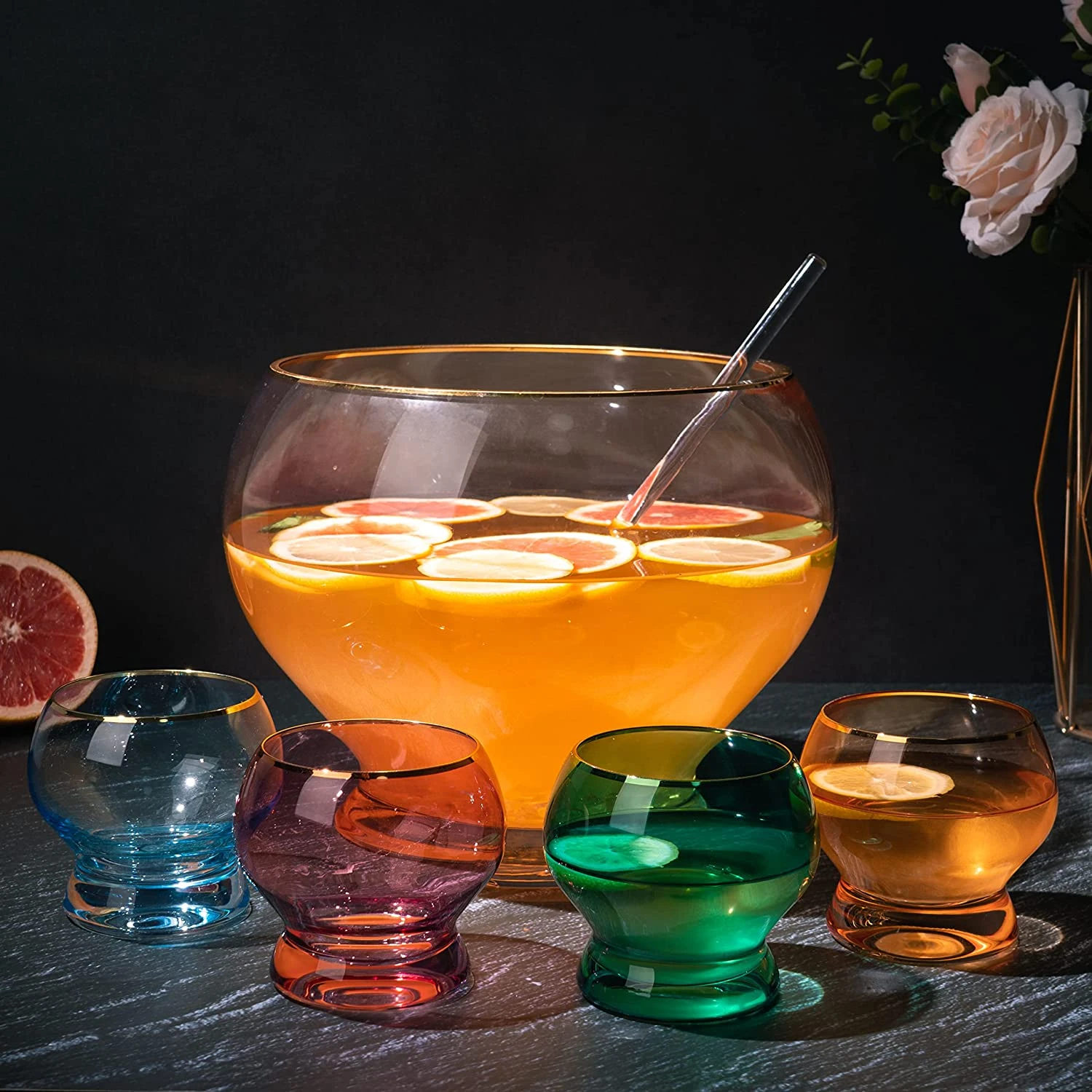 Colorful 1.7 Gallon Punch Bowl With 4 10oz Glasses Set With Ladle Gift For Mothers Day, Her, Wife, Mom, Friend - Colored Set Margarita, Cocktails, Juice, Punch Drink Bowl For Parties, Weddings 3 Colorful 1.7 Gallon Punch Bowl With 4 10oz Glasses Set With Ladle Gift For Mothers Day, Her, Wife, Mom, Friend - Colored Set Margarita, Cocktails, Juice, Punch Drink Bowl For Parties, Weddings - Image 3