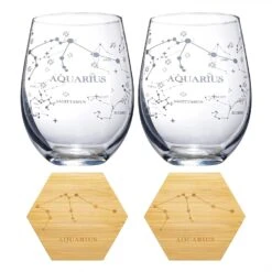 Set Of 2 Zodiac Sign Wine Glasses With 2 Wooden Coasters By The Wine Savant - Astrology Drinking Glass Set With Etched Constellation Tumblers For Juice, Water Home Bar Horoscope Gifts 18oz (Aquarius) -Refined Spirits Store 81qvnfACF2L. AC SL1500