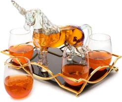 Iridescent Unicorn Wine Whiskey Decanter Set 750ml With 4 Pink Sparkle Glasses For Wine, Whiskey, Scotch, Tequila Or Any Drink By The Wine Savant - Unicorn Gifts, Unicorn Lovers, 14" L, 10" W, 11" H -Refined Spirits Store 81rcKktJL3L. AC SL1500