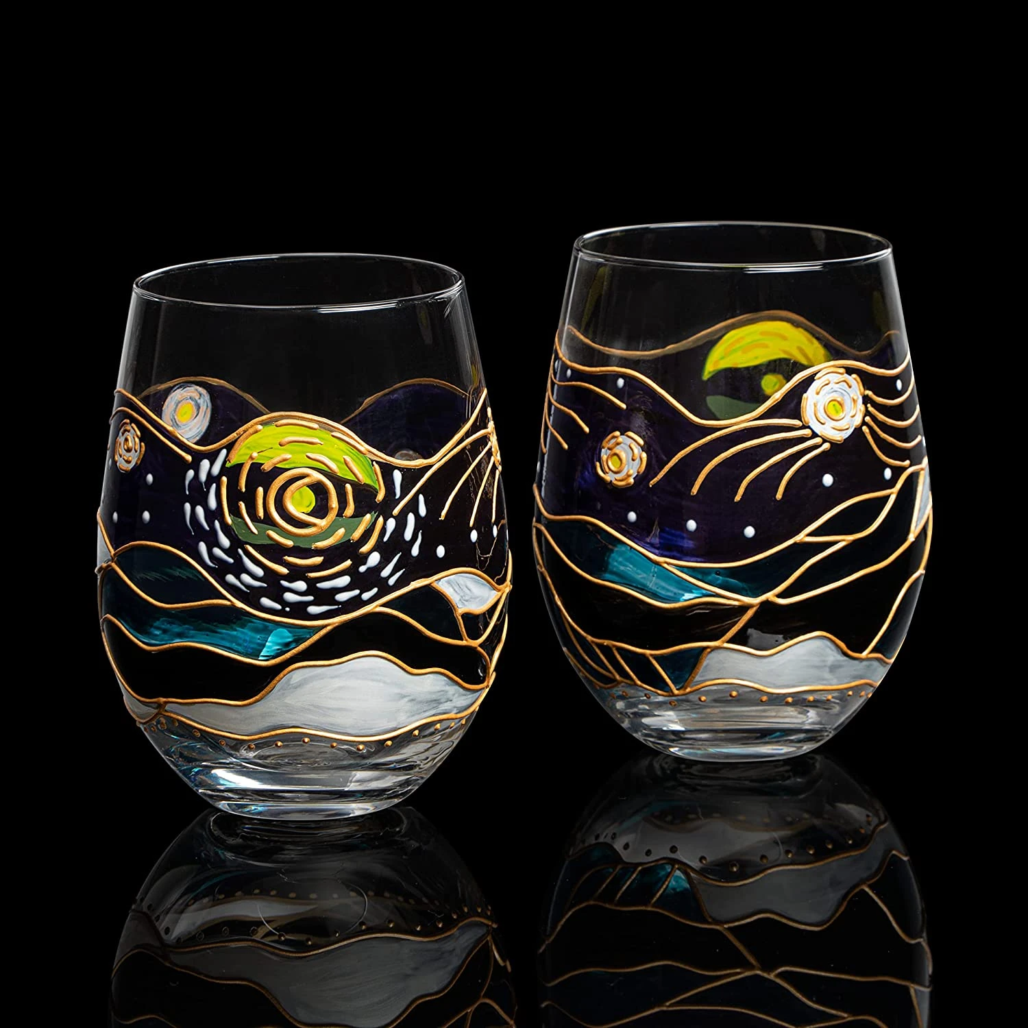 Vincent Van Gogh Wine Glasses Artisanal Hand Painted Stemless Set Of 2 - The Wine Savant - 2 Set Of Tumblers - Artistic Gift Idea For Her, Him, Birthday, Housewarming - Extra Large Goblets (18.5 OZ) 2 Vincent Van Gogh Wine Glasses Artisanal Hand Painted Stemless Set Of 2 - The Wine Savant - 2 Set Of Tumblers - Artistic Gift Idea For Her, Him, Birthday, Housewarming - Extra Large Goblets (18.5 OZ) - Image 2