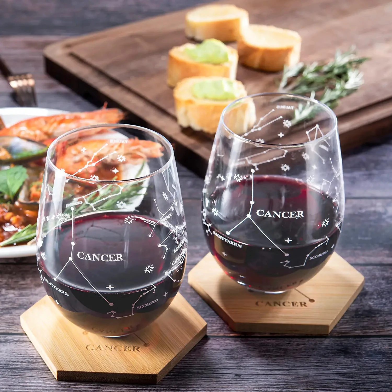 Set Of 2 Zodiac Sign Wine Glasses With 2 Wooden Coasters By The Wine Savant - Astrology Drinking Glass Set With Etched Constellation Tumblers For Juice, Water Home Bar Horoscope Gifts 18oz (Cancer) 2 Set Of 2 Zodiac Sign Wine Glasses With 2 Wooden Coasters By The Wine Savant - Astrology Drinking Glass Set With Etched Constellation Tumblers For Juice, Water Home Bar Horoscope Gifts 18oz (Cancer) - Image 2