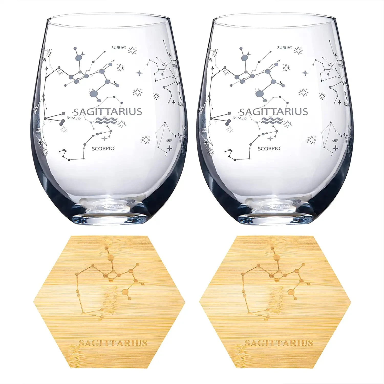 Set Of 2 Zodiac Sign Wine Glasses With 2 Wooden Coasters By The Wine Savant - Astrology Drinking Glass Set With Etched Constellation Tumblers For Juice, Home Bar Horoscope Gifts 18oz (Sagittarius) 5 Set Of 2 Zodiac Sign Wine Glasses With 2 Wooden Coasters By The Wine Savant - Astrology Drinking Glass Set With Etched Constellation Tumblers For Juice, Home Bar Horoscope Gifts 18oz (Sagittarius) - Image 5