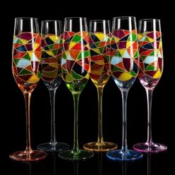 Stained Glass Champagne Flutes Set Of 6 Hand Painted - Wine Savant - Hand Blown 7 Ounce Colorful Renaissance Champagne Glasses - 10.2" Tall, 2.7" Diameter Rainbow Multicolor Design Glassware -Refined Spirits Store 917D4XU8ZgL. AC SL1500