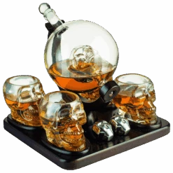 Skull Skeleton Wine & Whiskey Globe Decanter Set 850 ML With 4 Skull Head 3oz Skeletons Shot Glasses And Skull Chillers Wooden Base Decor Glass Goth Spooky Drinking Glassware The Wine Savant