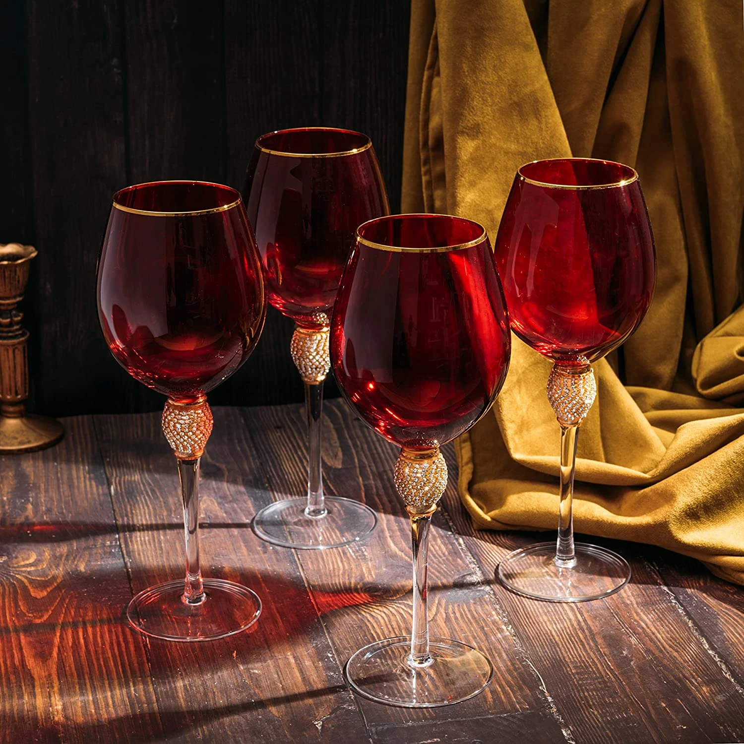 The Wine Savant Large Diamond Wine Glasses, 10" H Gold Rim Rhinestone Diamond Glasses - Wedding Glasses - 18 Ounce, Premium Designed Wine Glasses For Spirits And Wine, Gift Boxed (4, Red) 3 The Wine Savant Large Diamond Wine Glasses, 10" H Gold Rim Rhinestone Diamond Glasses - Wedding Glasses - 18 Ounce, Premium Designed Wine Glasses For Spirits And Wine, Gift Boxed (4, Red) - Image 3