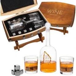 Large Display Whiskey & Wine Decanter With Antique Ship - Handcrafted Wood Barrel Storage - Wine Savant Decanters Gifts Set With 2 Glasses, & Drink Chiller Stones For Your Bar - 16" X 8" X 15" -Refined Spirits Store 91QiWDznWlL. AC SL1500