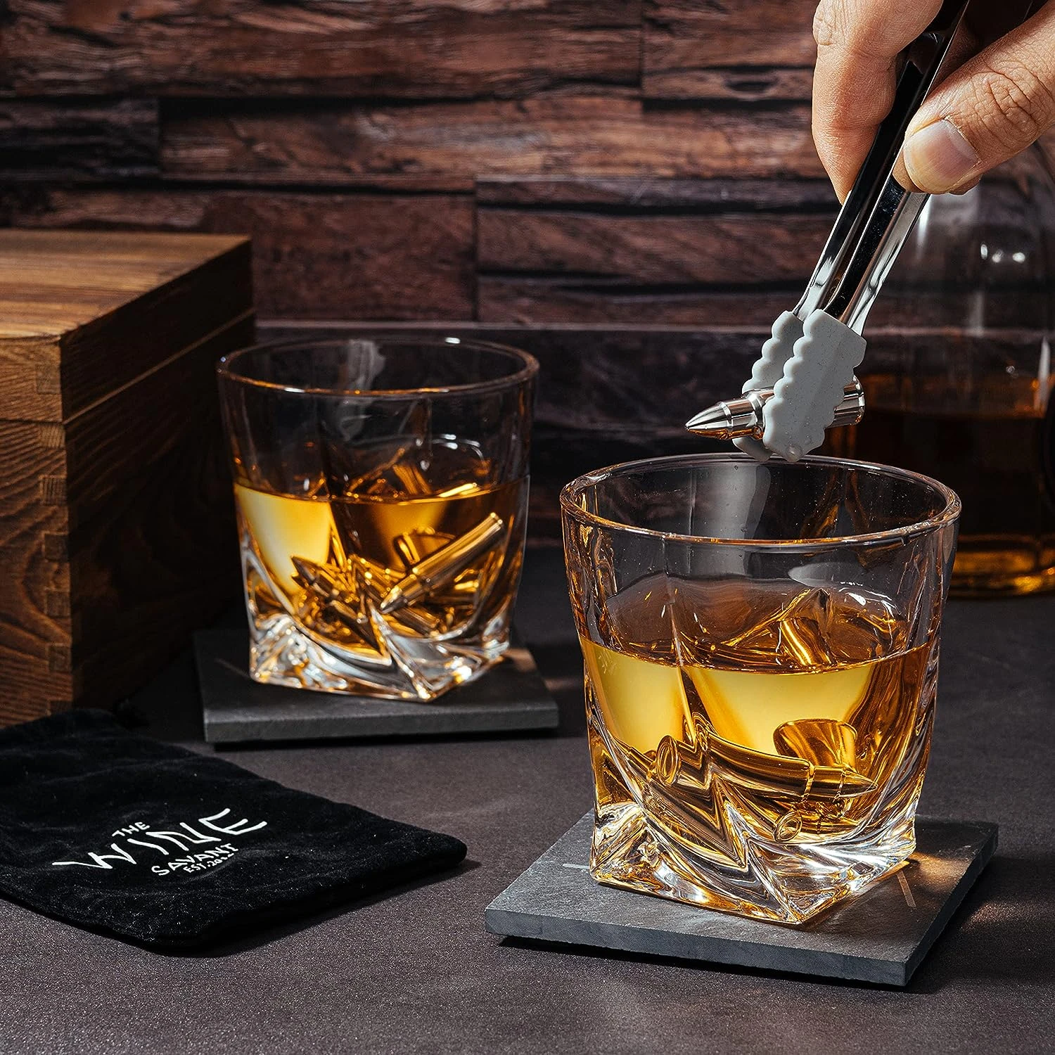 Luxurious Bar Gift Set - 2 Whiskey Glasses + 10 Bullets Chilling Stainless-Steel Whiskey Rocks - Slate Stone Coasters & Tongs - Set In Premium Wood Box By The Wine Savant - Birthday Gift - 11 Oz Glass 2 Luxurious Bar Gift Set - 2 Whiskey Glasses + 10 Bullets Chilling Stainless-Steel Whiskey Rocks - Slate Stone Coasters & Tongs - Set In Premium Wood Box By The Wine Savant - Birthday Gift - 11 Oz Glass - Image 2