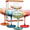 Khen Flower Modern Wavy Glass Coupes Martini, Champagne & Cocktail Coupes - Set Of 4-7.7 Oz Colorful Cocktail Glasses & Champagne, Prosecco, Mimosa Glassware Copyright Design - Muted Pastel Colors